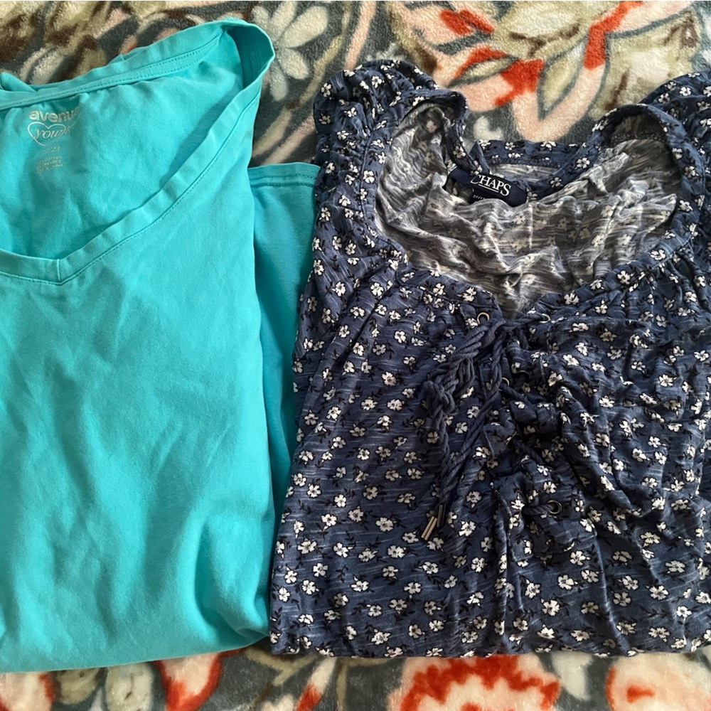 Two tops.  Chaps medium blue Floral and Avenue Turquoise v-neck t-shirt.